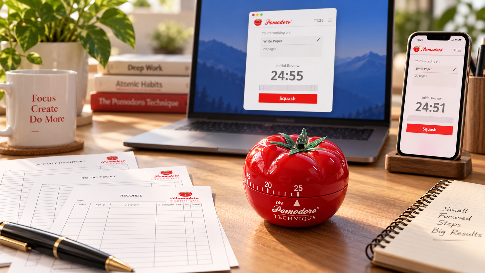 Pomodoro® tools working together: timer, worksheets, desktop and mobile apps